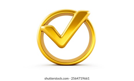 Shiny golden check mark inside circular border on white background. approval, success, validation, achievement, confirmation, agreement, acceptance, quality, 3d rendering - Powered by Shutterstock - Get 15% off with code: PIKWIZARD15