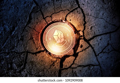 shiny golden LISK cryptocurrency coin on dry earth dessert background mining 3d rendering illustration