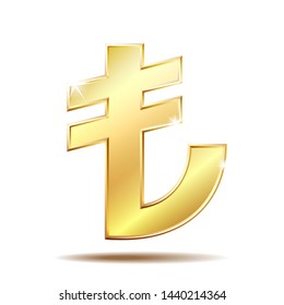 Shiny Golden Turkish Lira Sign. TL Currency Symbol. Turkish Money.  Illustration Isolated On White Background