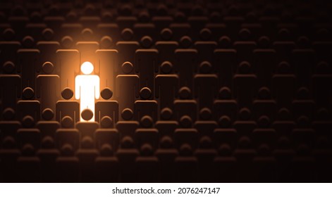 Shiny Man in a large Crowd Of Identical people. Bright talent Businessman Standing out in a row of male person. Stand out from the Crowd and Shine Concept 3d illustration