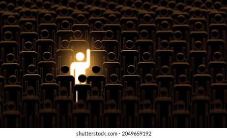Shiny Man stand out from the crow. brilliant talent businessman standing out of crowd. large Group of identical people with one different person, Group and individuality,    3D illustration 