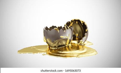 Shiny Melt Gold Is Poured On A Broken Chocolate Easter Egg On Gradient Background. Happy Easter Concep. 3D Rendering