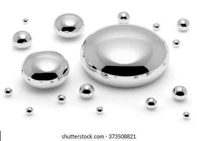 Shiny Mercury (Hg) Metal Drops And Droplets Isolated On White Background