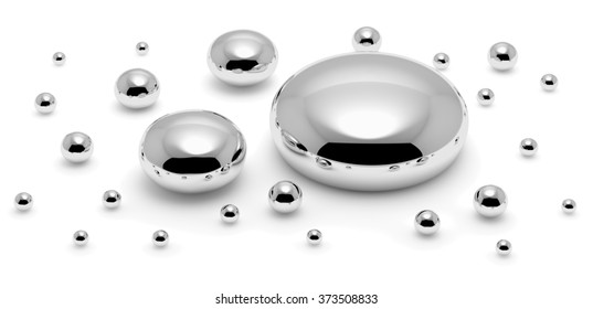 Shiny Mercury Metal Drops And Droplets Isolated On White Background