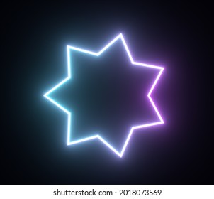 Shiny neon star frame, light geometric shapes. 3d render
