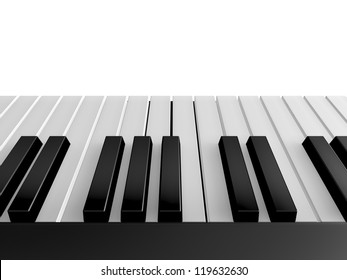 Shiny Piano Keys On Grand Piano, Back View, Isolated On White Background.