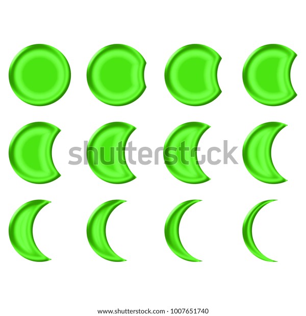 Shiny plastic\
green eclipses set or crescent moon phases shapes in a 3D\
illustration with a silky shine and bright green color isolated on\
a white background with clipping\
paths.