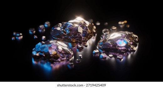 Shiny rare earth elements glowing vibrant blue, purple, gold. Abstract 3D render, mineral, crystal concept. Futuristic technology, geology, luxury, science background.
