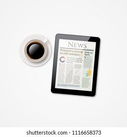 Shiny Realistic Tablet Icon With News Screen And Cup Of Coffee. Morning Breakfast News App Concept Illustration.