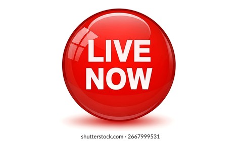 A shiny red circular button displaying the words LIVE NOW in bold white letters, isolated on a clean white background, indicating immediate availability for viewing.