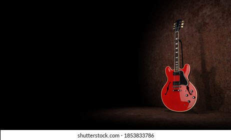Shiny red electro guştar under spotlight 3d rendering