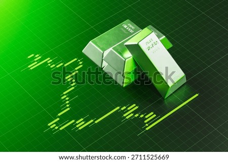 Shiny silver bars placed on a glowing green candlestick chart background, digital graphic style, symbolizing investment growth, success concept. 3D Rendering
