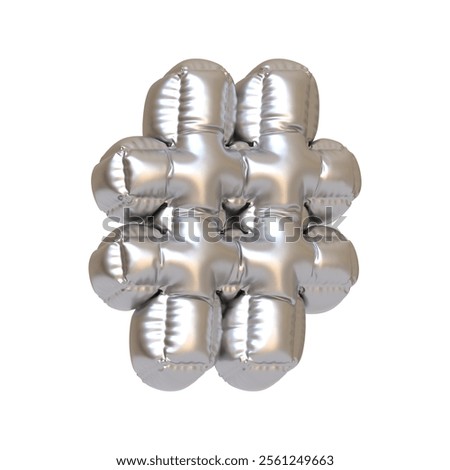 Shiny silver foil balloon in the shape of a hashtag symbol, ideal for social media themes, parties, and trendy decor. 3D render illustration