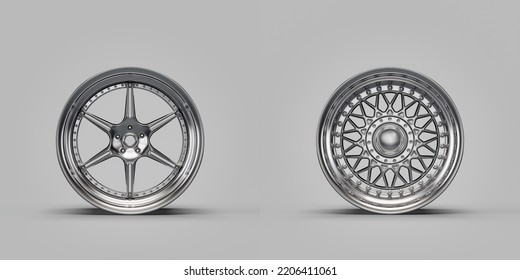 Shiny Silver Metallic Alloy Aluminum Car Rims Isolated On White Background In Front View, 3d Rendering, Nobody