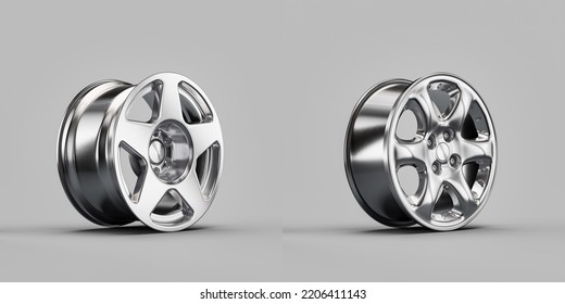 Shiny Silver Metallic Alloy Aluminum Car Rims Isolated On White Background From Side View, 3d Rendering, Nobody