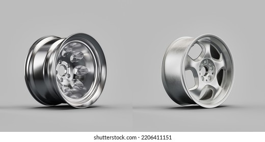 Shiny Silver Metallic Alloy Aluminum Car Rims Isolated On White Background From Side View, 3d Rendering, Nobody