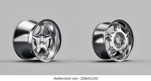 Shiny Silver Metallic Alloy Aluminum Car Rims Isolated On White Background From Side View, 3d Rendering, Nobody