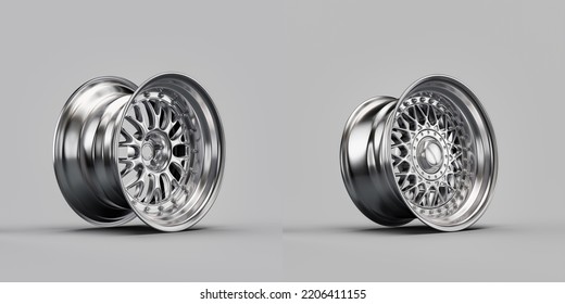 Shiny Silver Metallic Alloy Aluminum Car Rims Isolated On White Background From Side View, 3d Rendering, Nobody