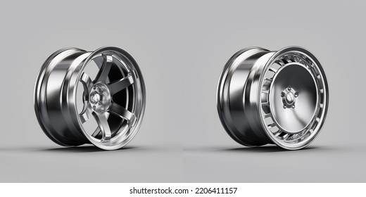 Shiny Silver Metallic Alloy Aluminum Car Rims Isolated On White Background From Side View, 3d Rendering, Nobody