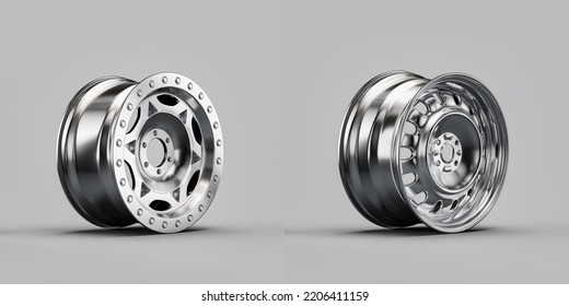 Shiny Silver Metallic Alloy Aluminum Car Rims Isolated On White Background From Side View, 3d Rendering, Nobody