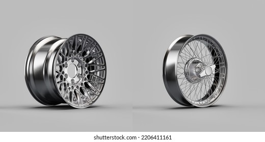 Shiny Silver Metallic Alloy Aluminum Car Rims Isolated On White Background From Side View, 3d Rendering, Nobody