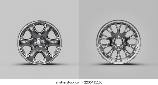 Shiny Silver Metallic Alloy Aluminum Car Rims Isolated On White Background In Front View, 3d Rendering, Nobody