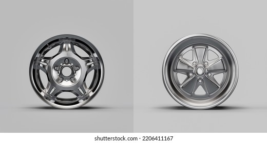 Shiny Silver Metallic Alloy Aluminum Car Rims Isolated On White Background In Front View, 3d Rendering, Nobody