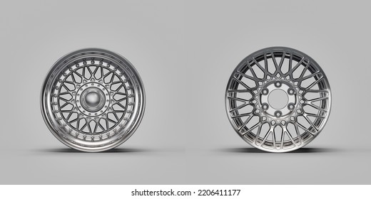 Shiny Silver Metallic Alloy Aluminum Car Rims Isolated On White Background In Front View, 3d Rendering, Nobody