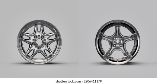 Shiny Silver Metallic Alloy Aluminum Car Rims Isolated On White Background In Front View, 3d Rendering, Nobody