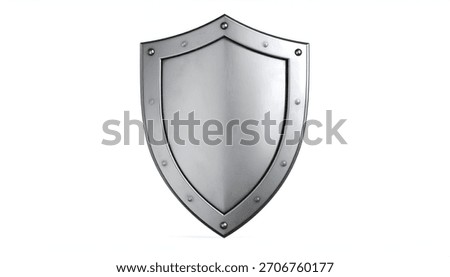 A shiny silver shield with a riveted frame on a white background, isolated