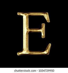 Shiny Sparkling Gold Metal Uppercase Or Capital Letter E In A 3D Illustration With A Golden Color And Glitter Sparkle Effect Antique Bookletter Font Isolated On A Black Background With Clipping Path.