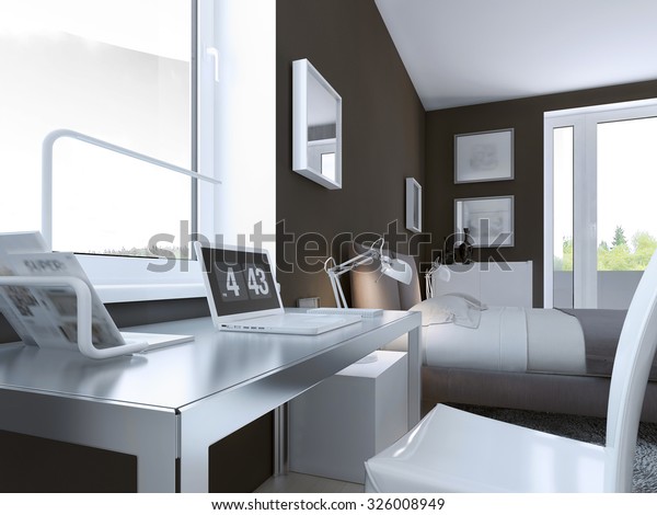 Shiny Table Contemporary Bedroom Taupe Color Stock