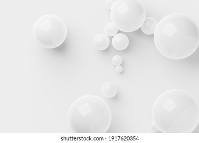 Shiny white spheres on white background, minimal modern template, flat lay top view from above, 3D illustration