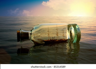 Ship In A Bottle At Sea Concept