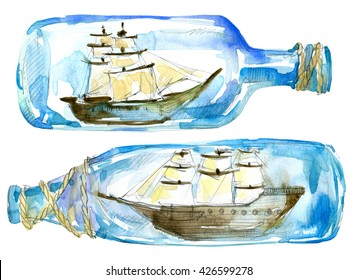 Ship In A Bottle Watercolor Illustration