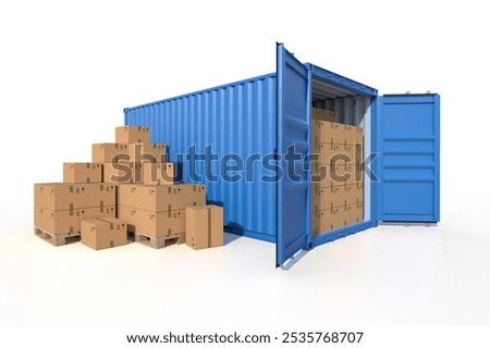Ship cargo container side view with cardboard boxes. 3D Illustration