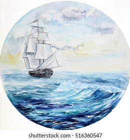 Ship In Circle Watercolor Painting