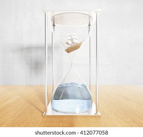 Ship miniature inside hourglass with water instead of sand in interior with concrete wall and wooden floor. 3D Rendering