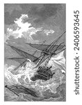 Ship on the high seas in a storm, Reinier Vinkeles (I), 1751 - 1816 vintage engraved.