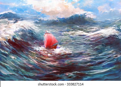 Ship with Red Sails in storm Sea. Dramatic daily Nautical Illustration.