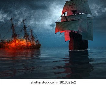 Ship Sailing Near A Blazing Wreck