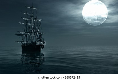 A Ship Sailing At Night