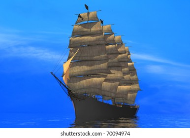 The ship sails at sea