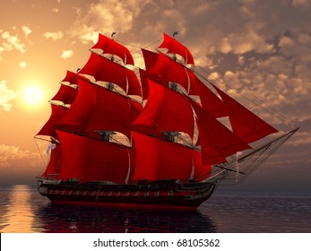 Ship In The Sea With Red Sails In Sunset