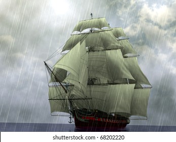 Ship In The Sea In Storm And Rain