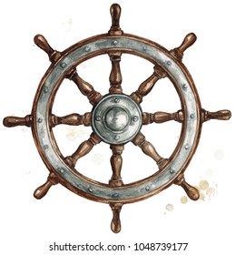 Ship Steering Wheel. Watercolor Illustration.