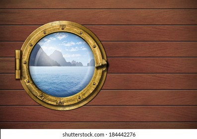 Ship Window With Sea Or Ocean With Tropical Island. Travel And Adventure Concept.