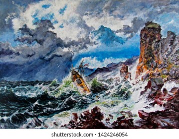 Ship Wreck In The Rocks In A Storm. Oil And Acrylic Painting On Canvas.                           