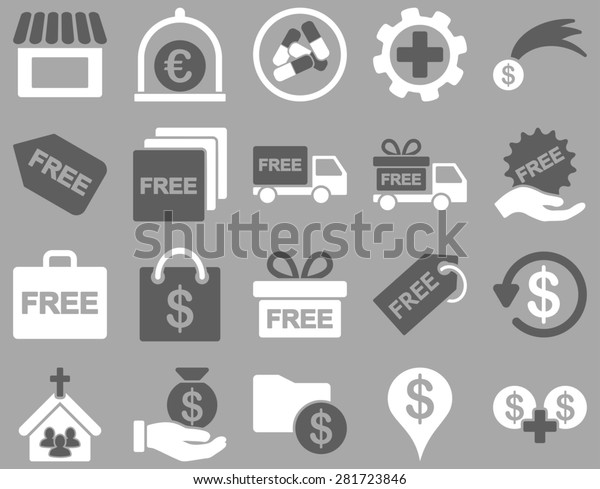 Shipment service and gift icon set.\
These flat bicolor symbols use dark gray and white colors. Clipart\
images are isolated on a gray background. Angles are\
rounded.
