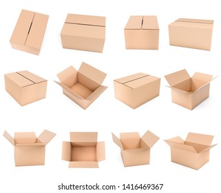 Shipping Box Mock Up. Set Brown Cartons. 3d Rendering Illustration Isolated On White Background